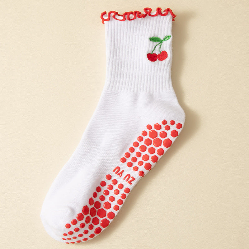 Cherry Motif Ruffle Trim Grip Socks - Cherry