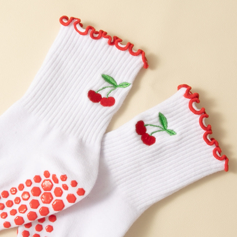 Cherry Motif Ruffle Trim Grip Socks - Cherry - 1