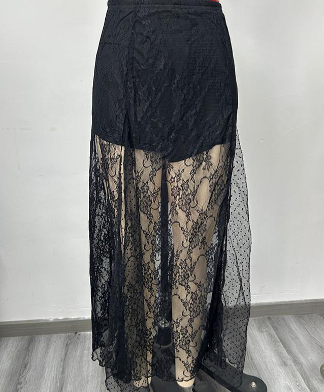 Sheer Floral Lace Overlay Maxi Skirt - Black