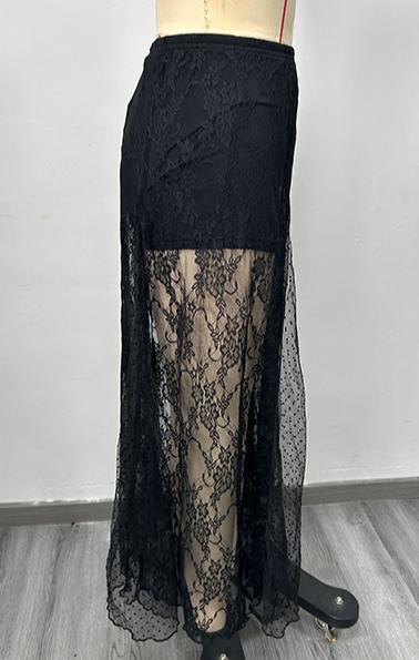 Sheer Floral Lace Overlay Maxi Skirt - Black - 1