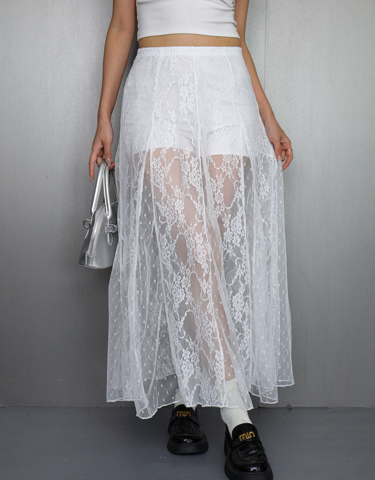 Sheer Floral Lace Overlay Maxi Skirt - White