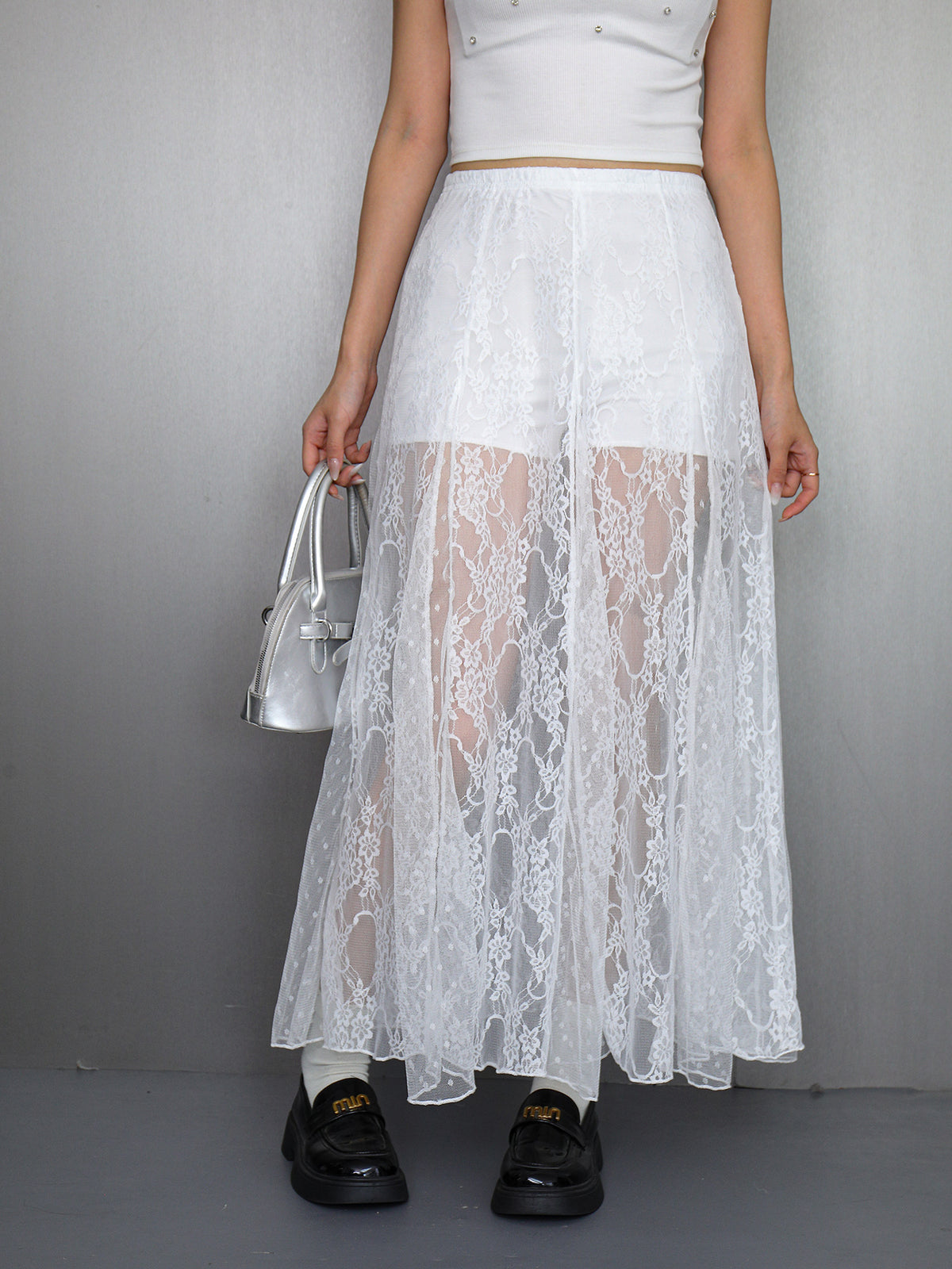 Sheer Floral Lace Overlay Maxi Skirt - White - 1