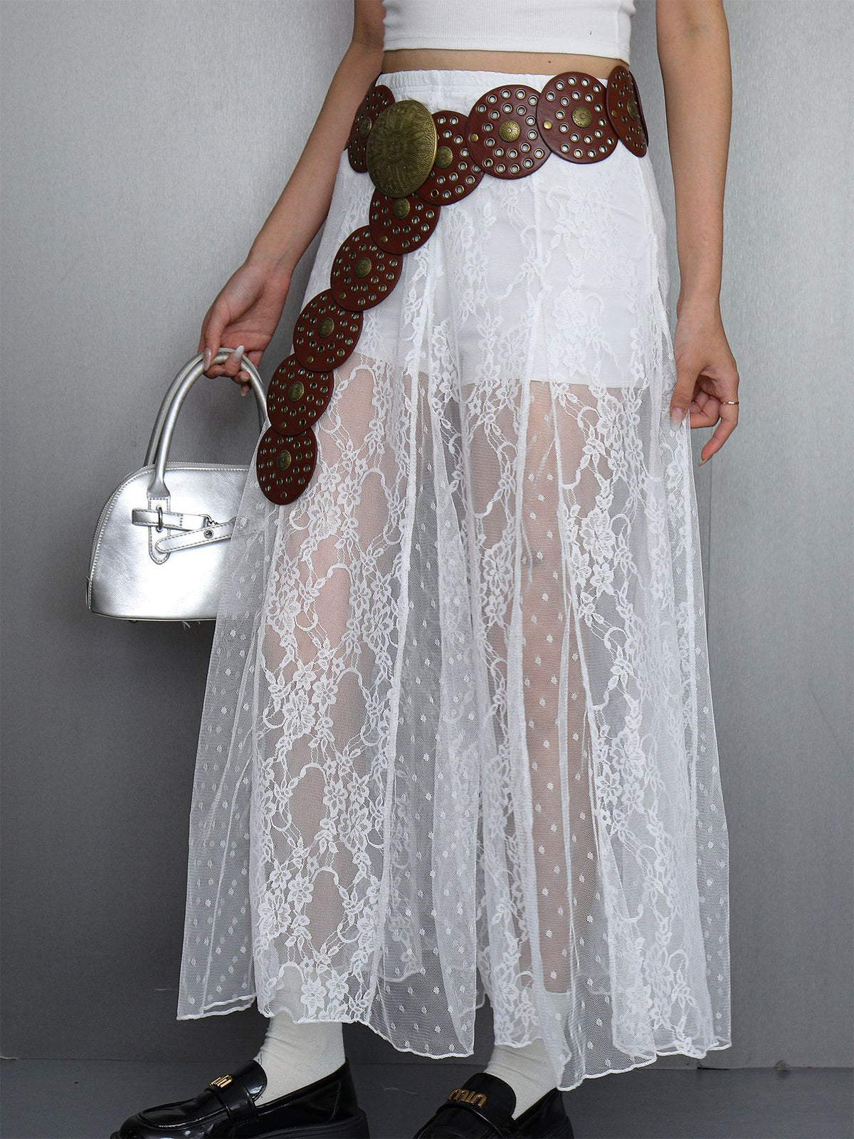 Sheer Floral Lace Overlay Maxi Skirt - White - 4