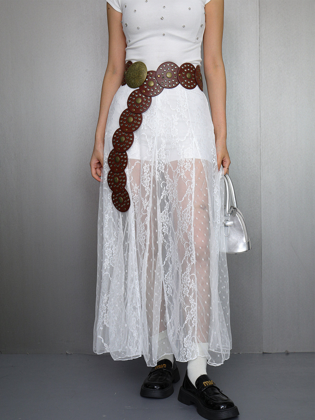 Sheer Floral Lace Overlay Maxi Skirt - White - 5