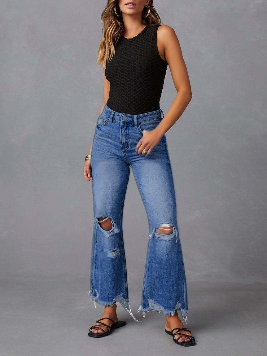 Distressed Raw Hem Flare Jeans - Blue