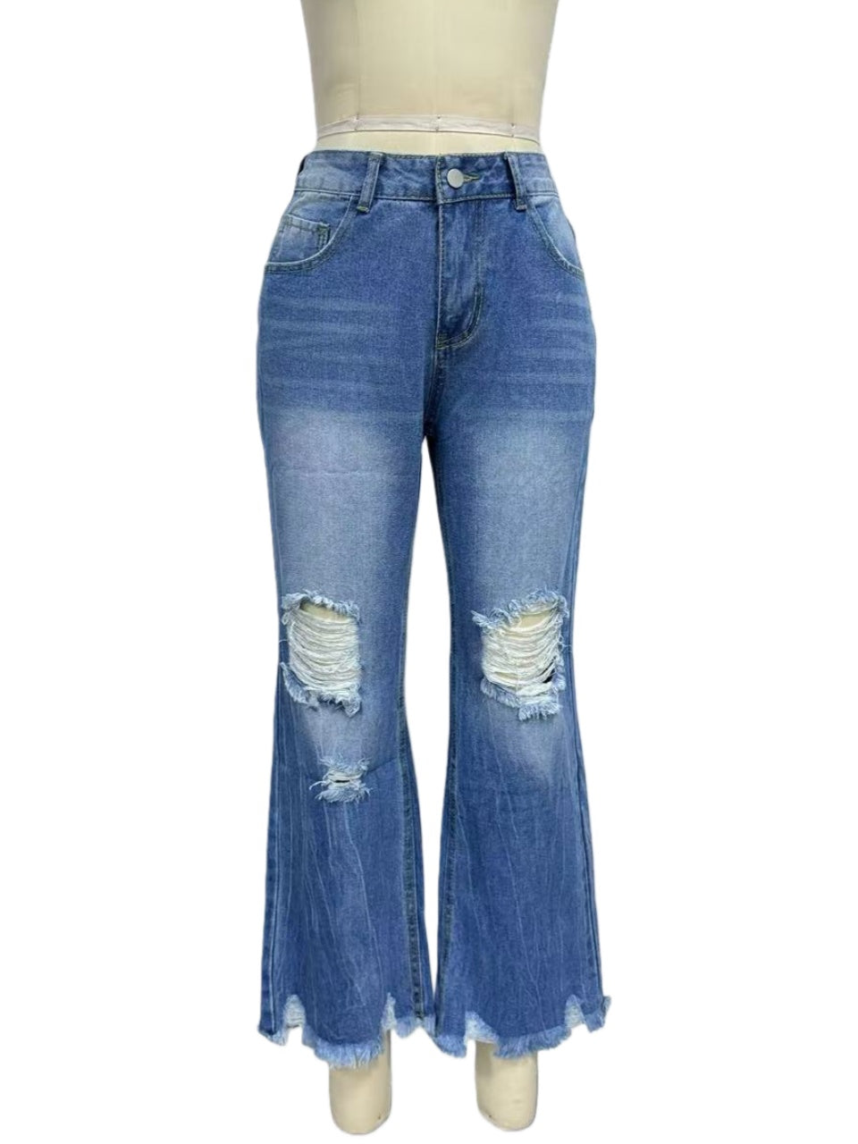 Distressed Raw Hem Flare Jeans - Blue - 1