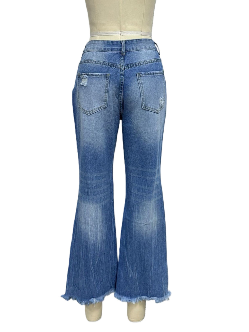 Distressed Raw Hem Flare Jeans - Blue - 2