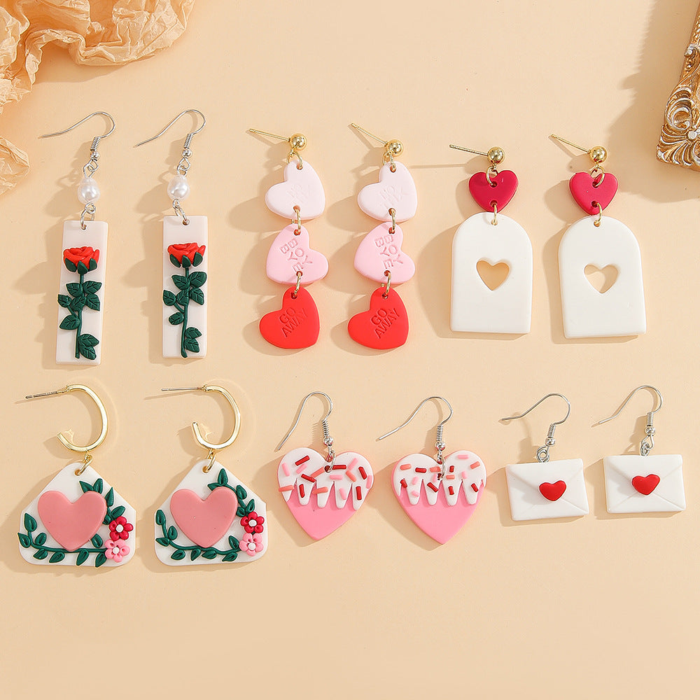 Rose and Envelope Clay Drop Earrings - White-6 - 1