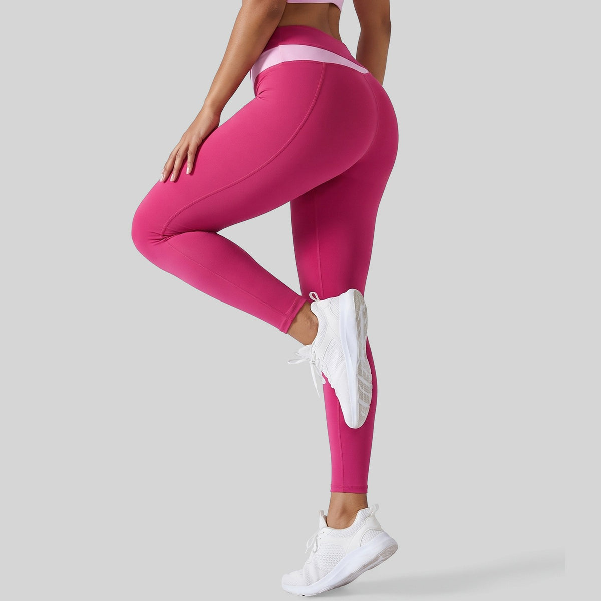 Color Block Crossover Waist High Rise Yoga Leggings - Raspberry