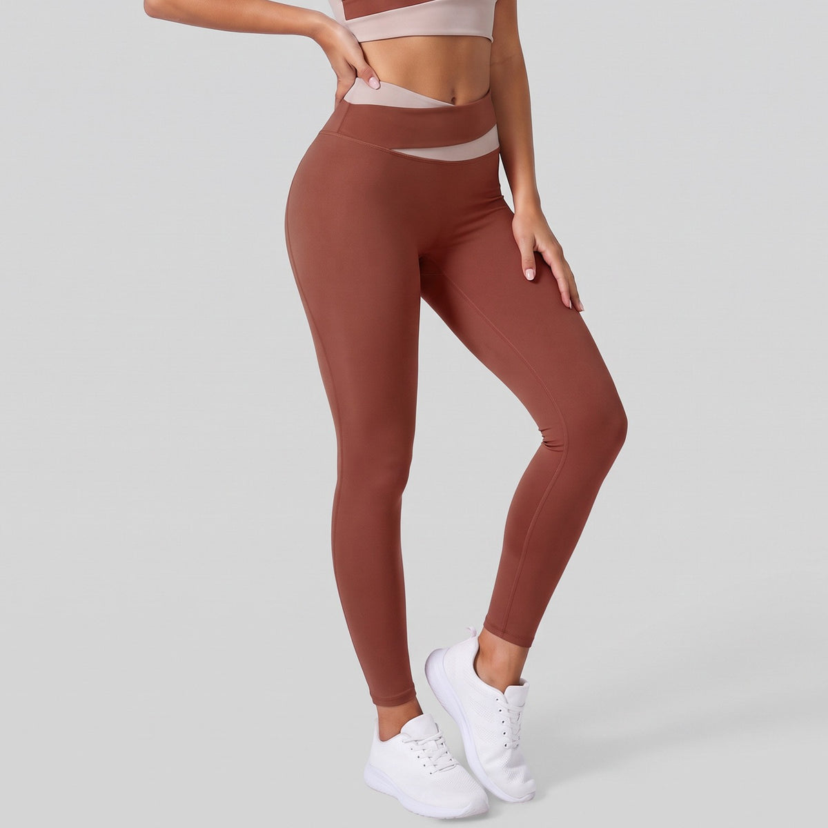 Color Block Crossover Waist High Rise Yoga Leggings - Rust