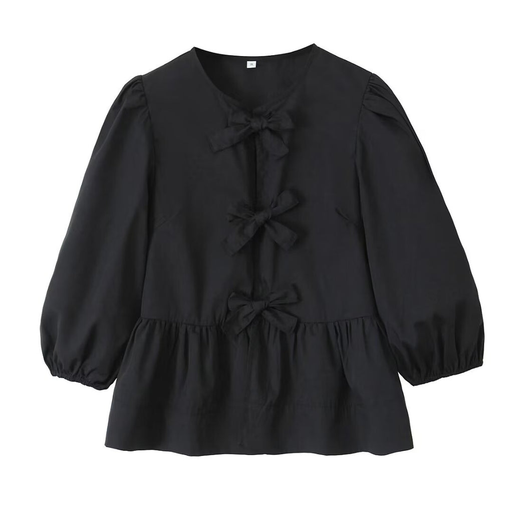 Peplum Blouse With Bow Front And Puff Sleeves - Black