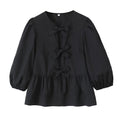 Peplum Blouse With Bow Front And Puff Sleeves - Black