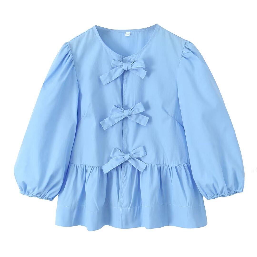 Peplum Blouse With Bow Front And Puff Sleeves - Light blue