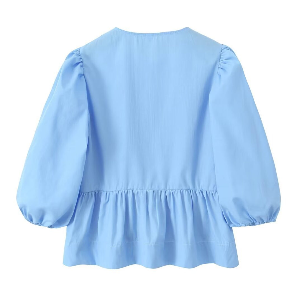 Peplum Blouse With Bow Front And Puff Sleeves - Light blue - 1