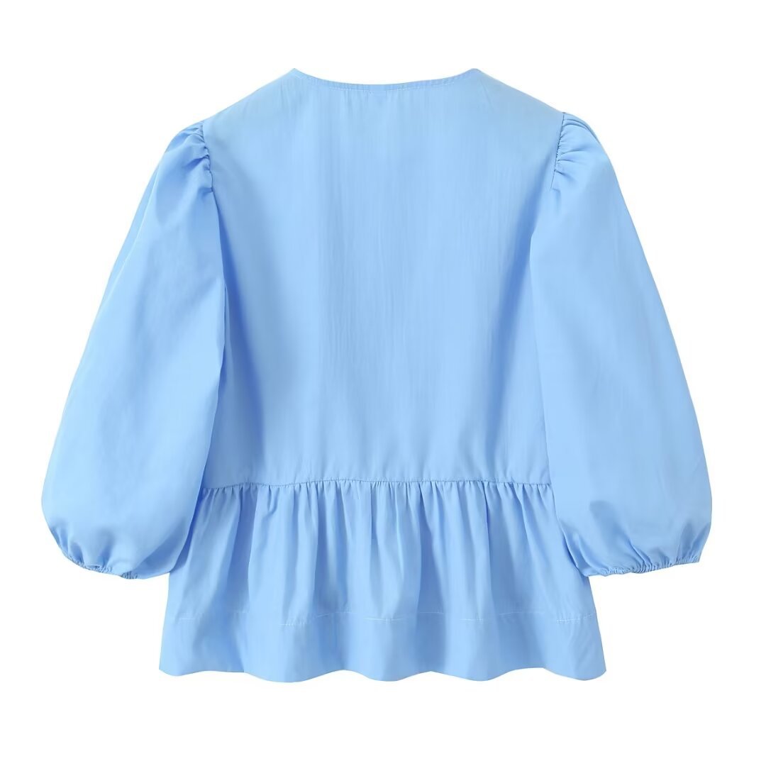 Peplum Blouse With Bow Front And Puff Sleeves - Light blue - 1