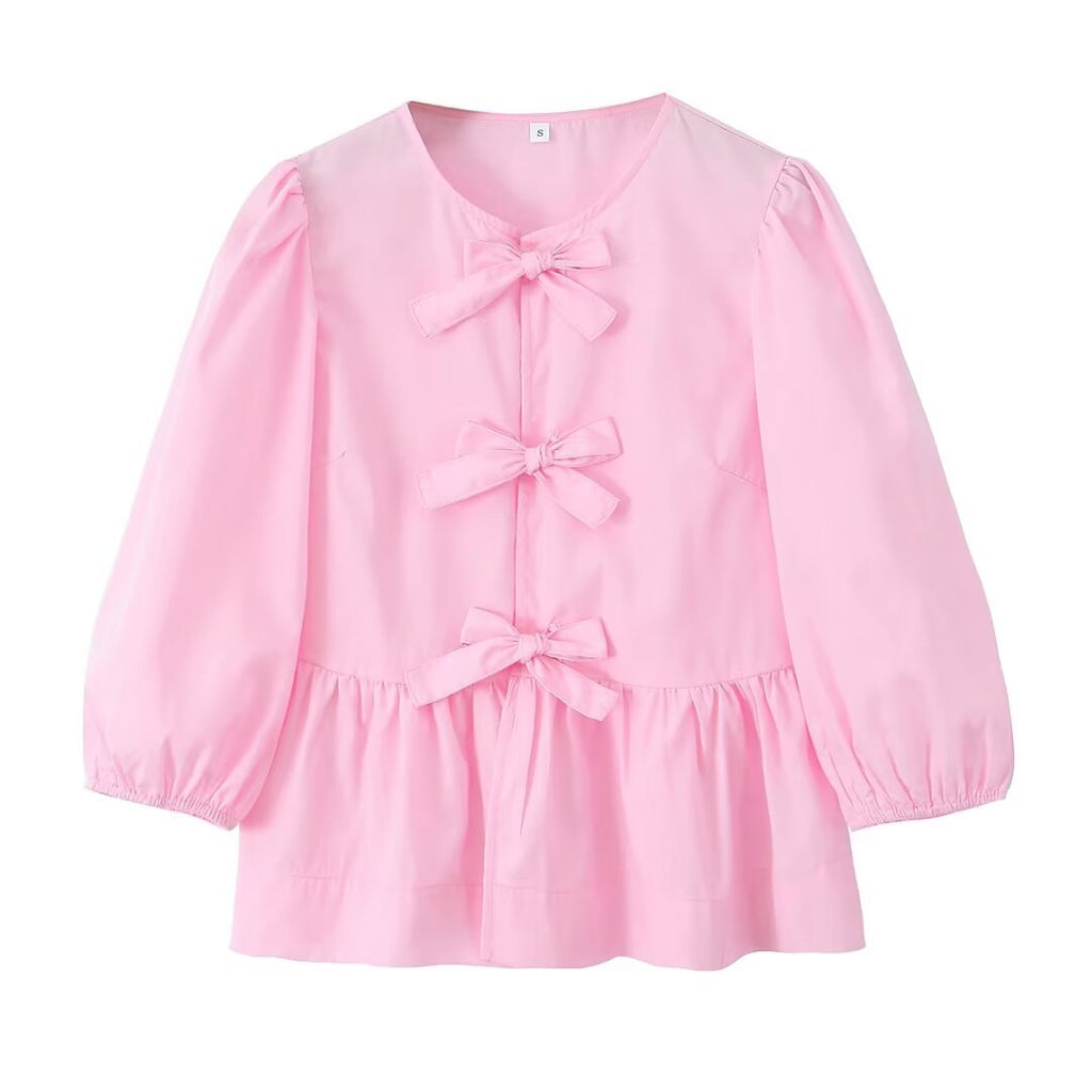 Peplum Blouse With Bow Front And Puff Sleeves - Pink