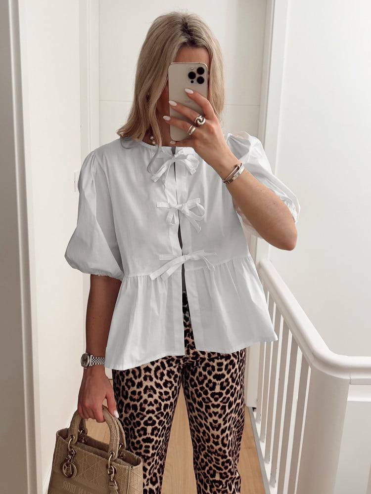 Peplum Blouse With Bow Front And Puff Sleeves - White