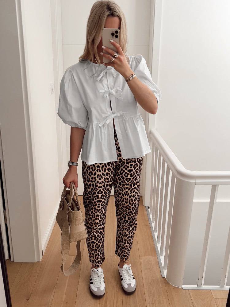 Peplum Blouse With Bow Front And Puff Sleeves - White - 11