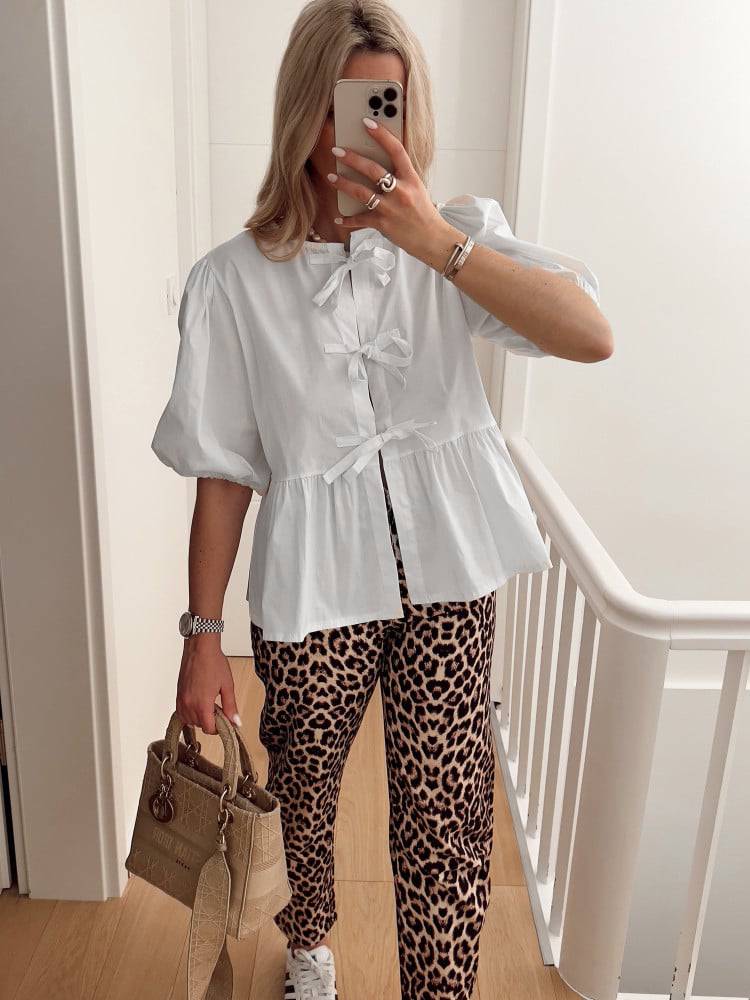 Peplum Blouse With Bow Front And Puff Sleeves - White - 12