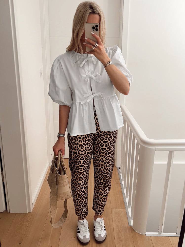 Peplum Blouse With Bow Front And Puff Sleeves - White - 13