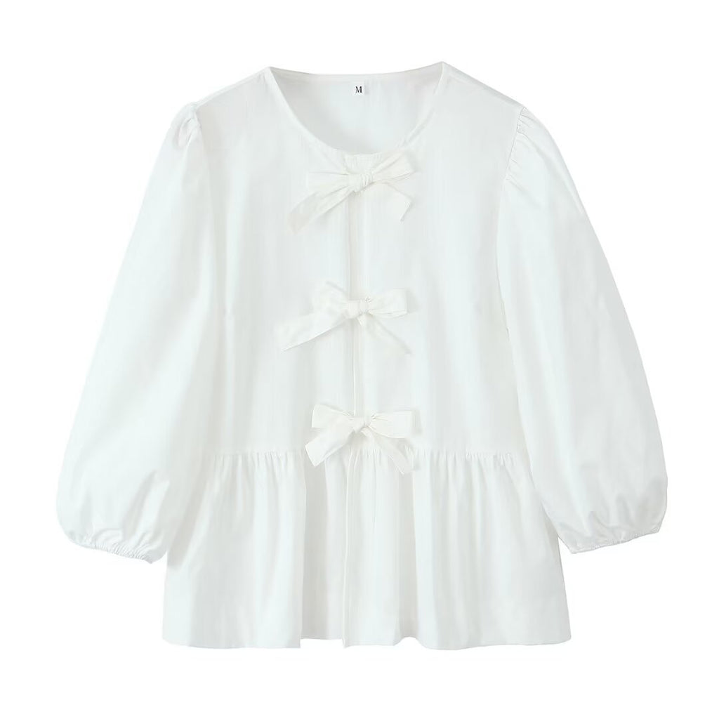 Peplum Blouse With Bow Front And Puff Sleeves - White - 1