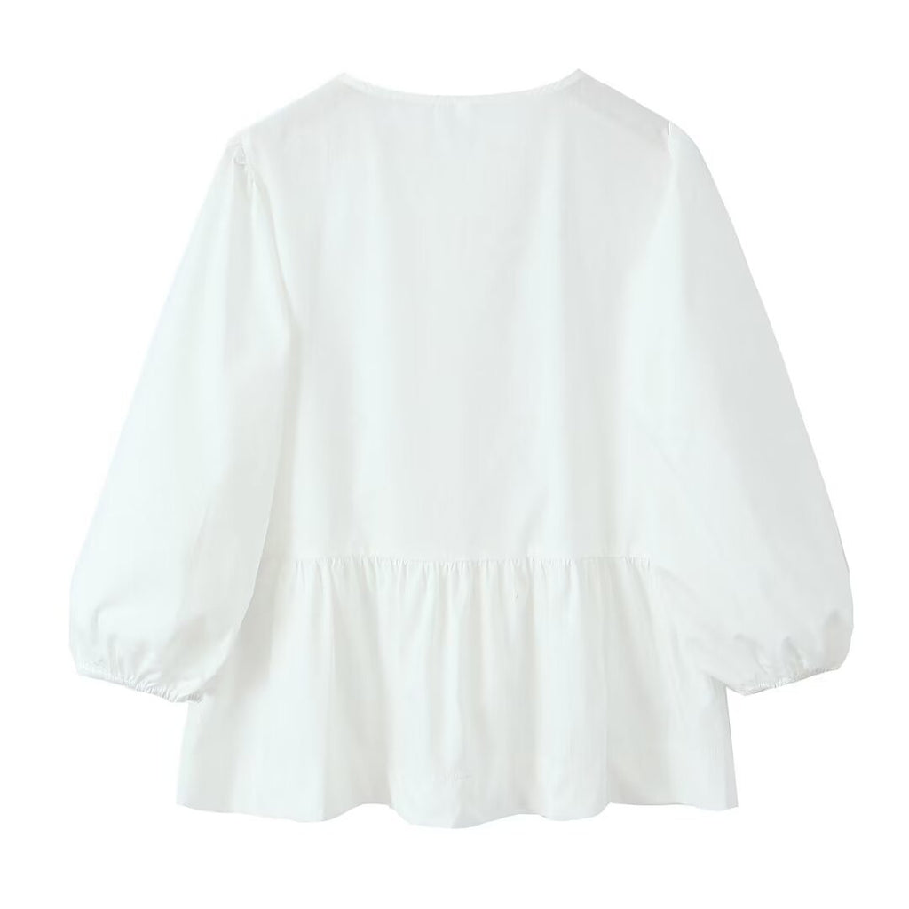 Peplum Blouse With Bow Front And Puff Sleeves - White - 2