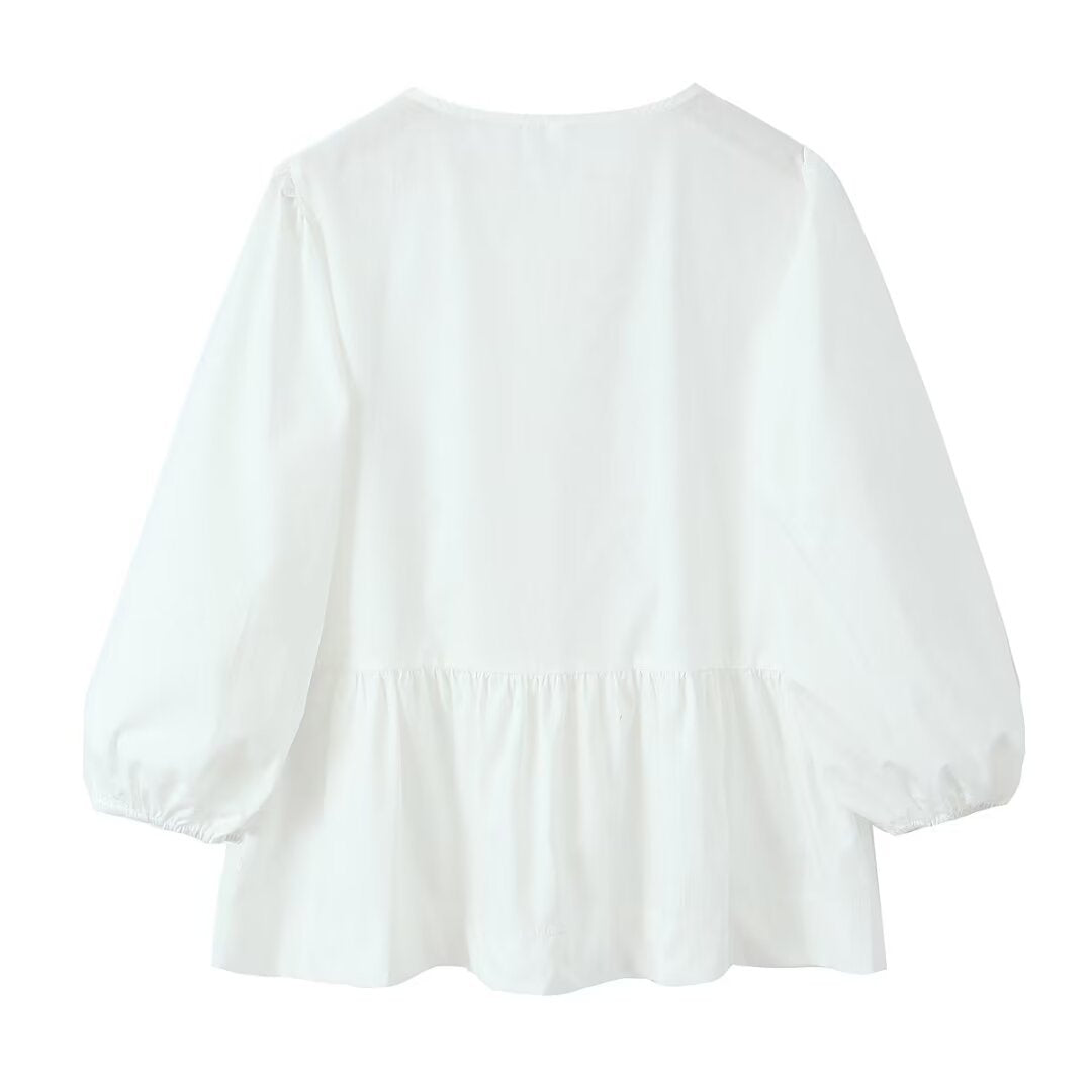Peplum Blouse With Bow Front And Puff Sleeves - White - 2