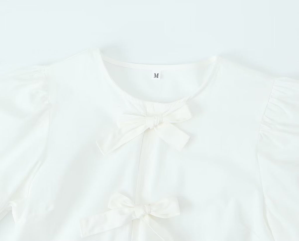 Peplum Blouse With Bow Front And Puff Sleeves - White - 3