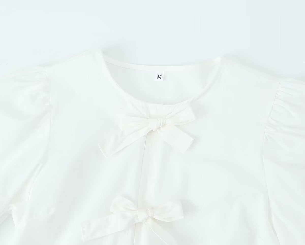 Peplum Blouse With Bow Front And Puff Sleeves - White - 3