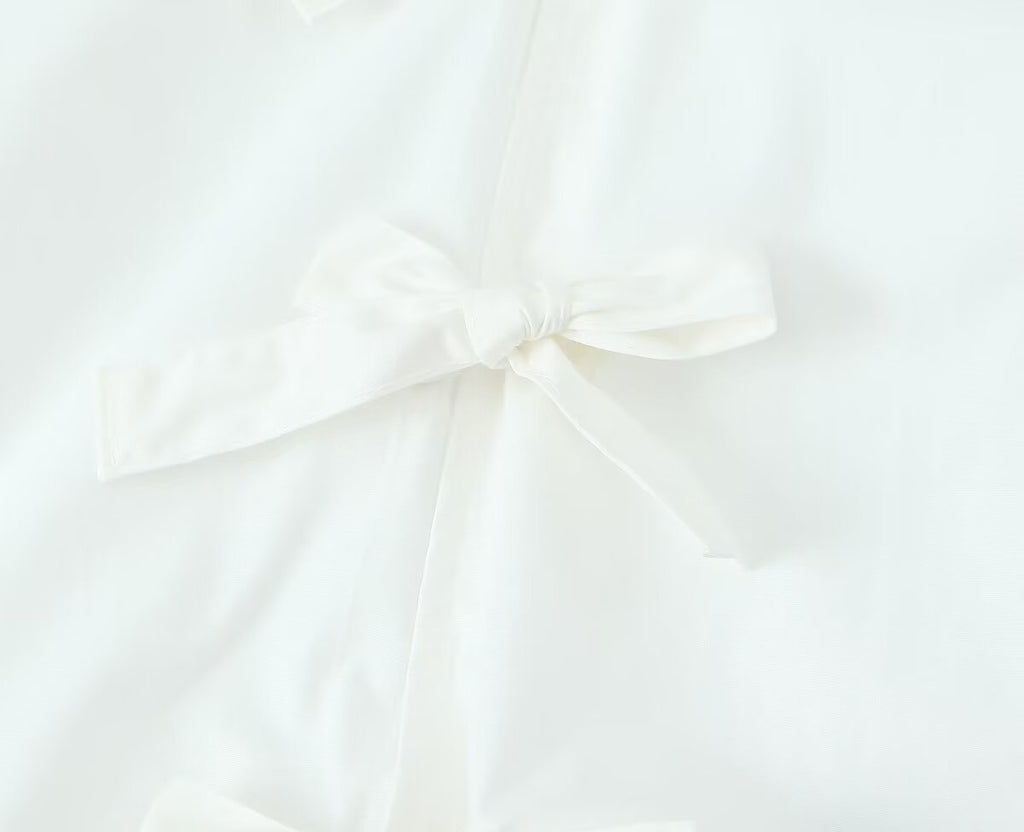 Peplum Blouse With Bow Front And Puff Sleeves - White - 4