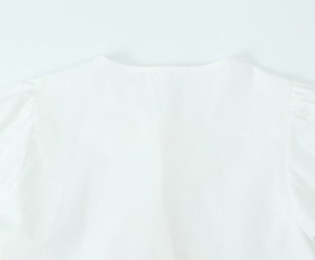 Peplum Blouse With Bow Front And Puff Sleeves - White - 8