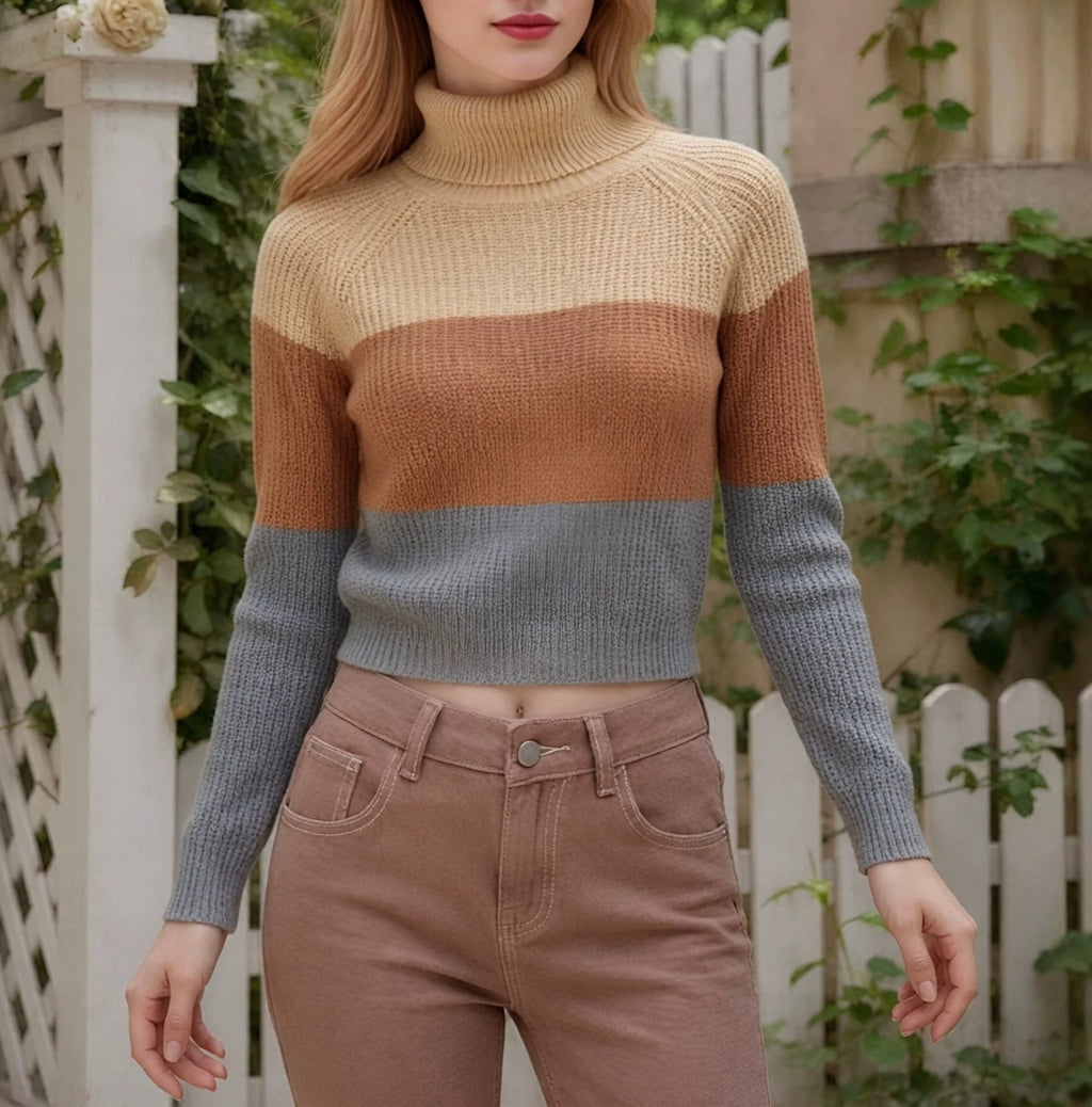 Cropped Turtleneck Knit Top With Color Block Stripes - Brown