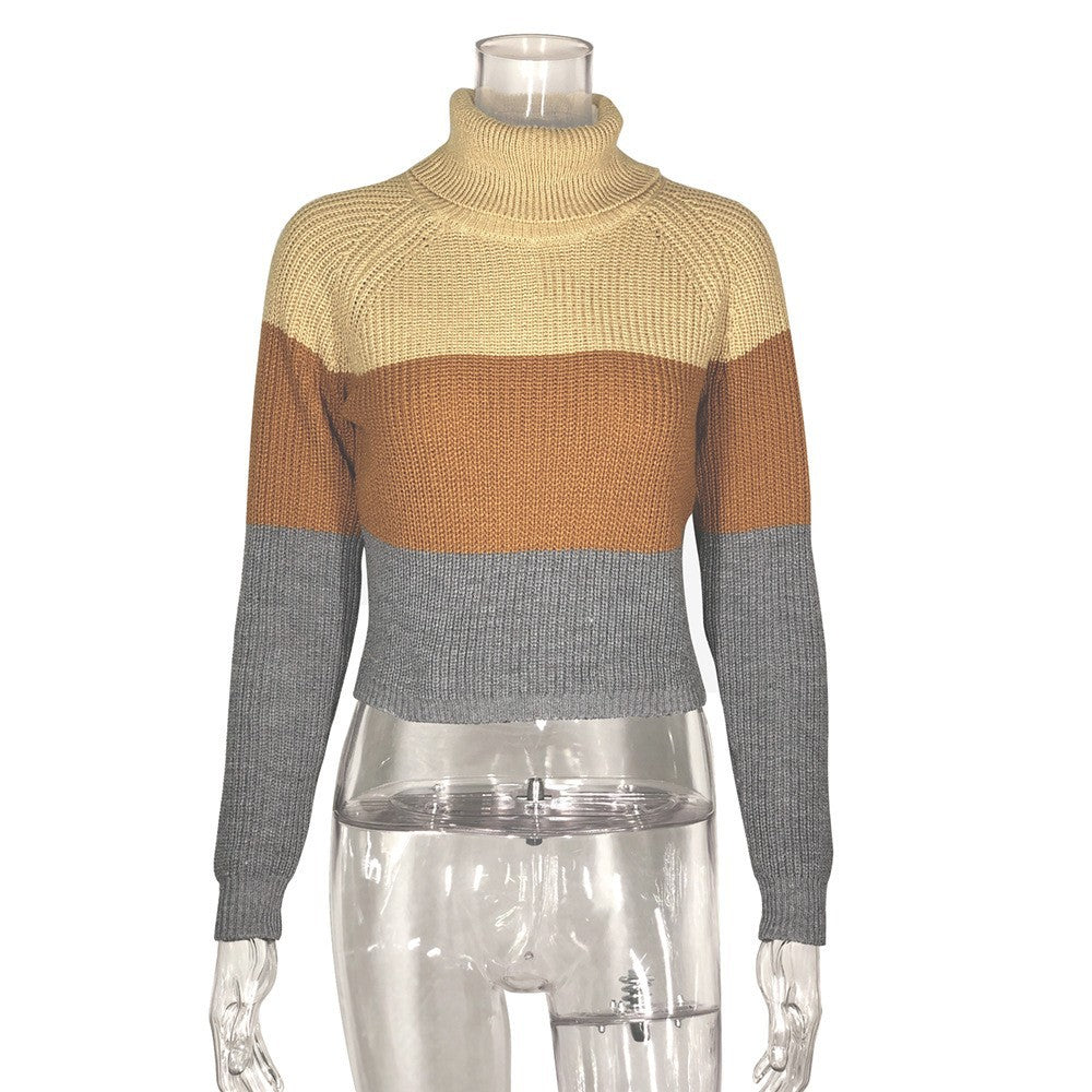 Cropped Turtleneck Knit Top With Color Block Stripes - Brown - 1