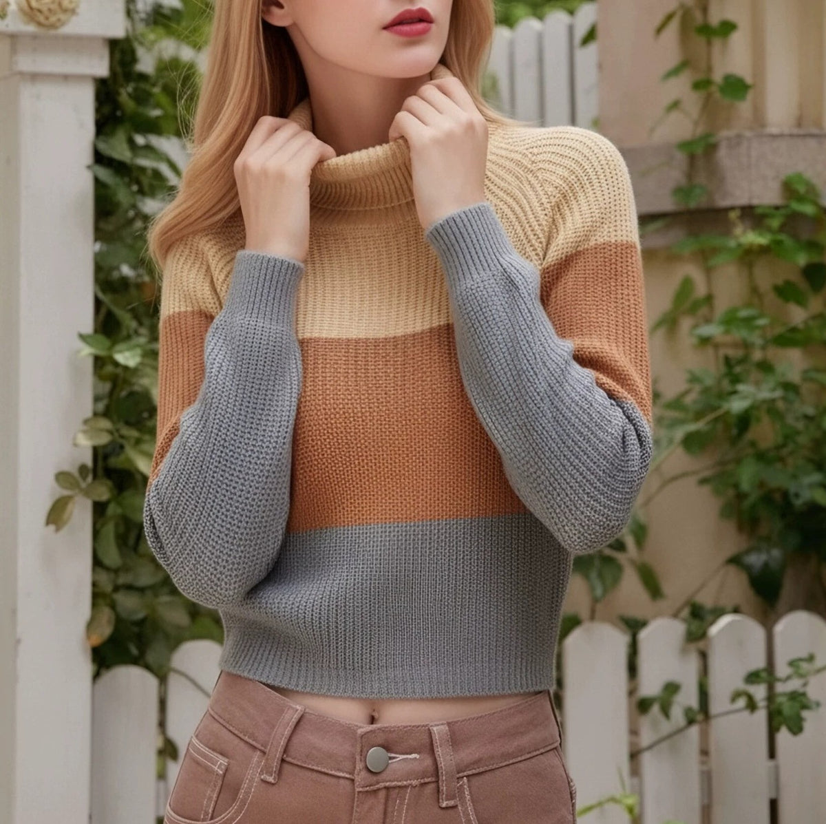 Cropped Turtleneck Knit Top With Color Block Stripes - Brown - 3