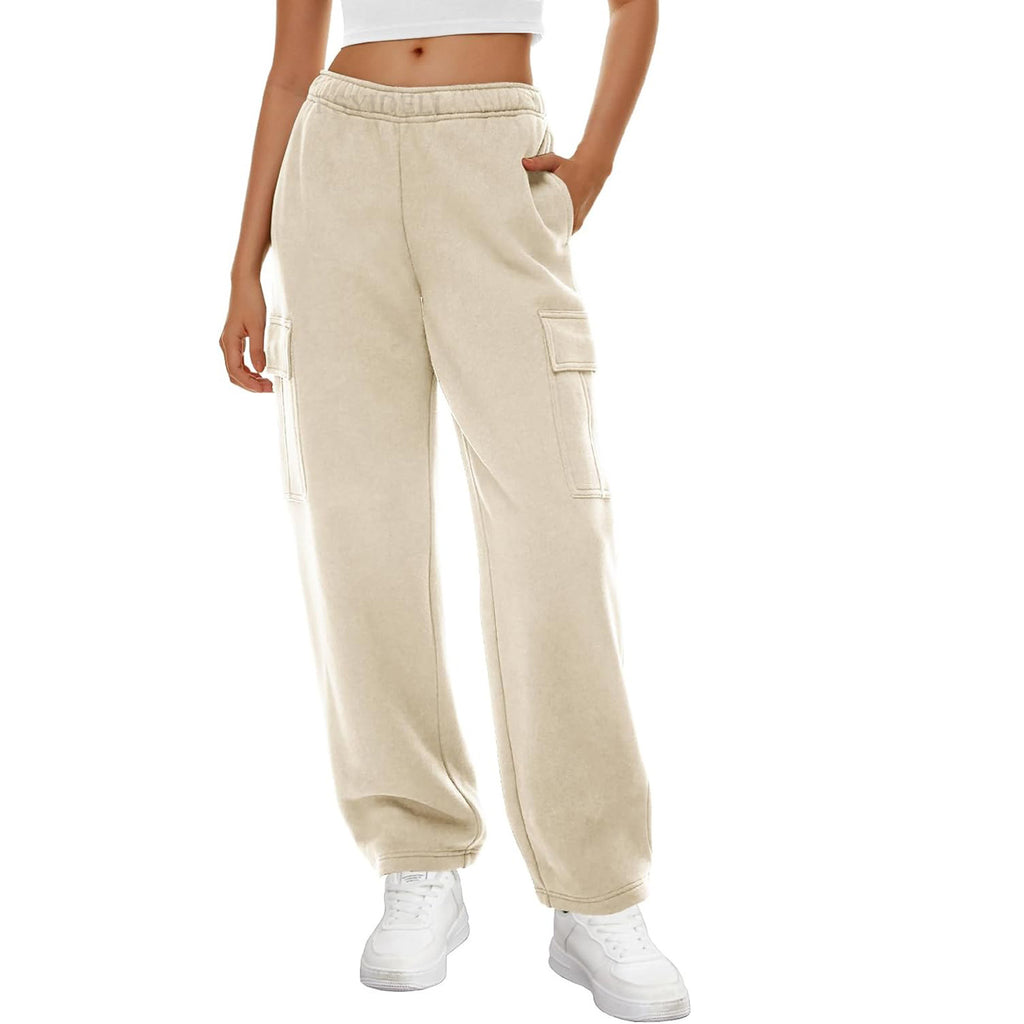 High Rise Cargo Pocket Fleece Joggers - Beige