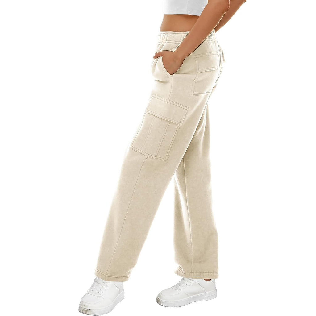 High Rise Cargo Pocket Fleece Joggers - Beige - 1