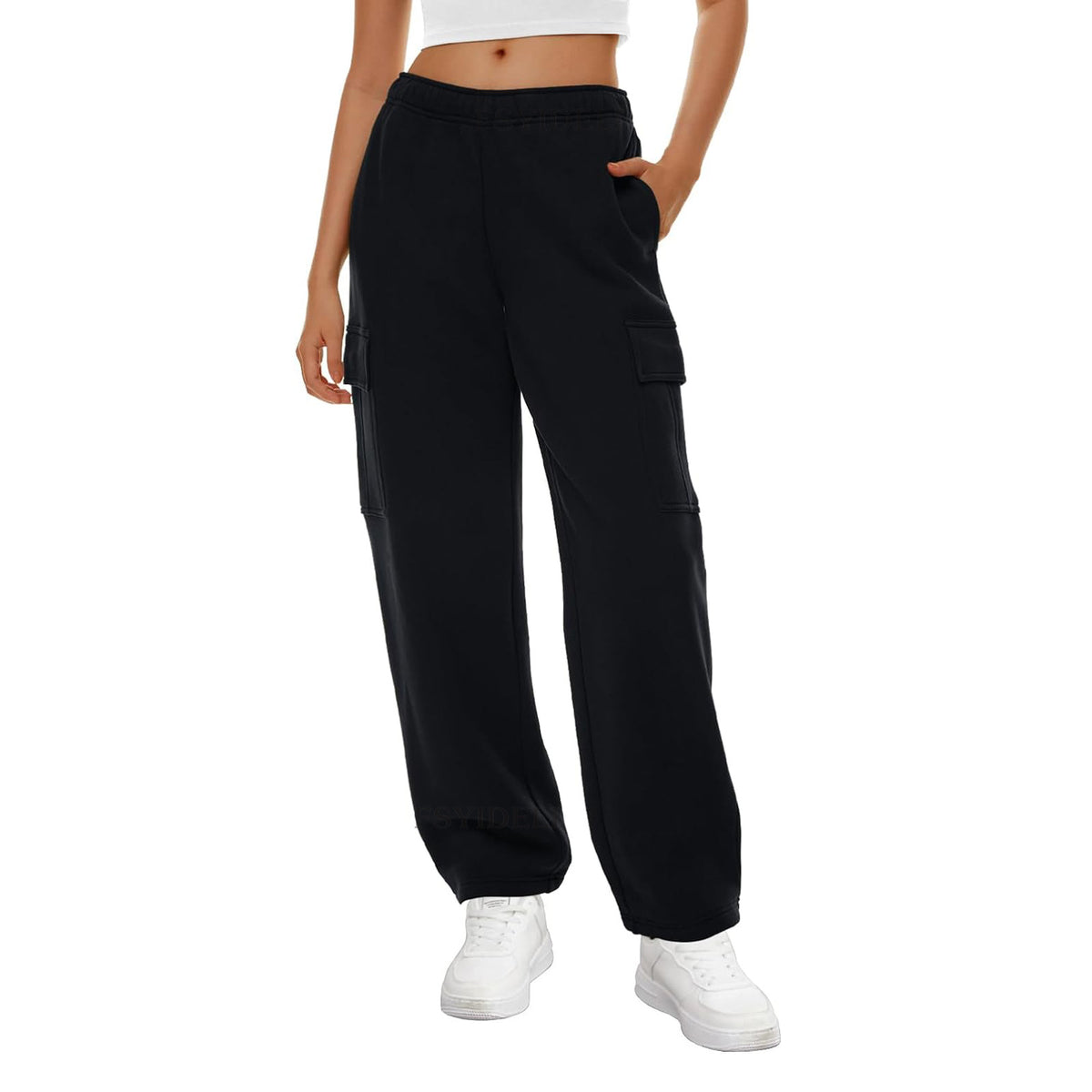 High Rise Cargo Pocket Fleece Joggers - Black