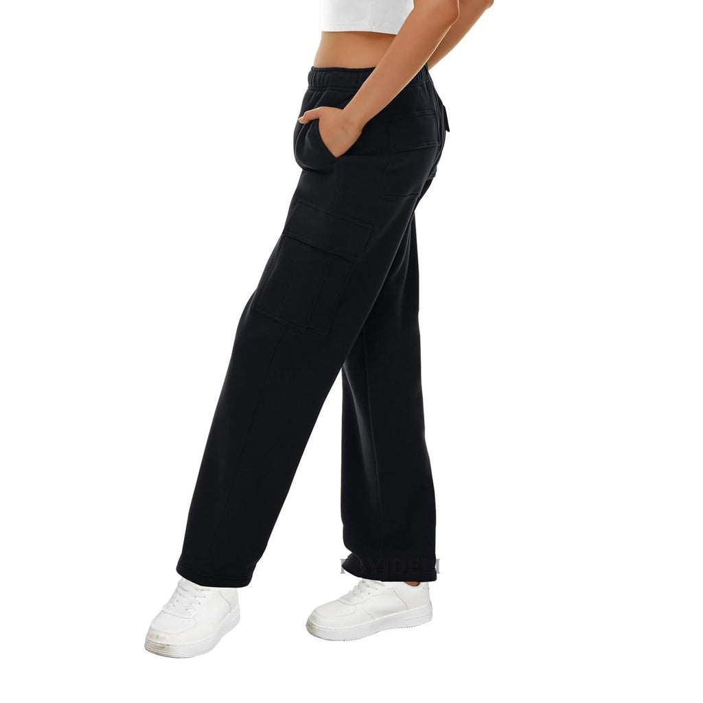 High Rise Cargo Pocket Fleece Joggers - Black - 1