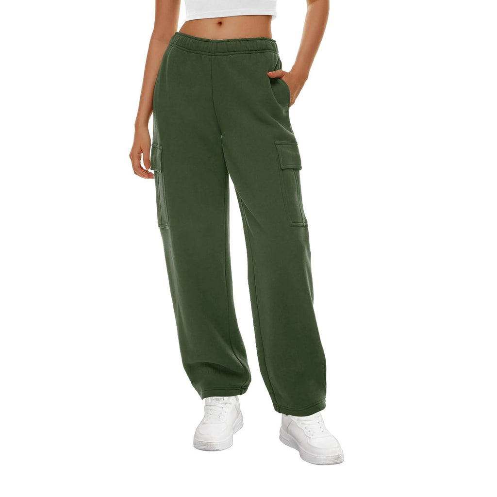 High Rise Cargo Pocket Fleece Joggers - Green