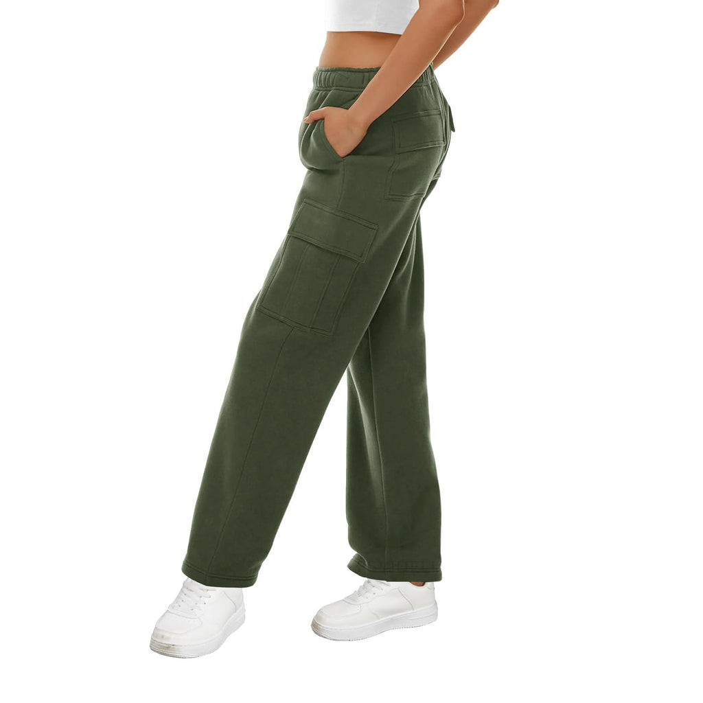 High Rise Cargo Pocket Fleece Joggers - Green - 1