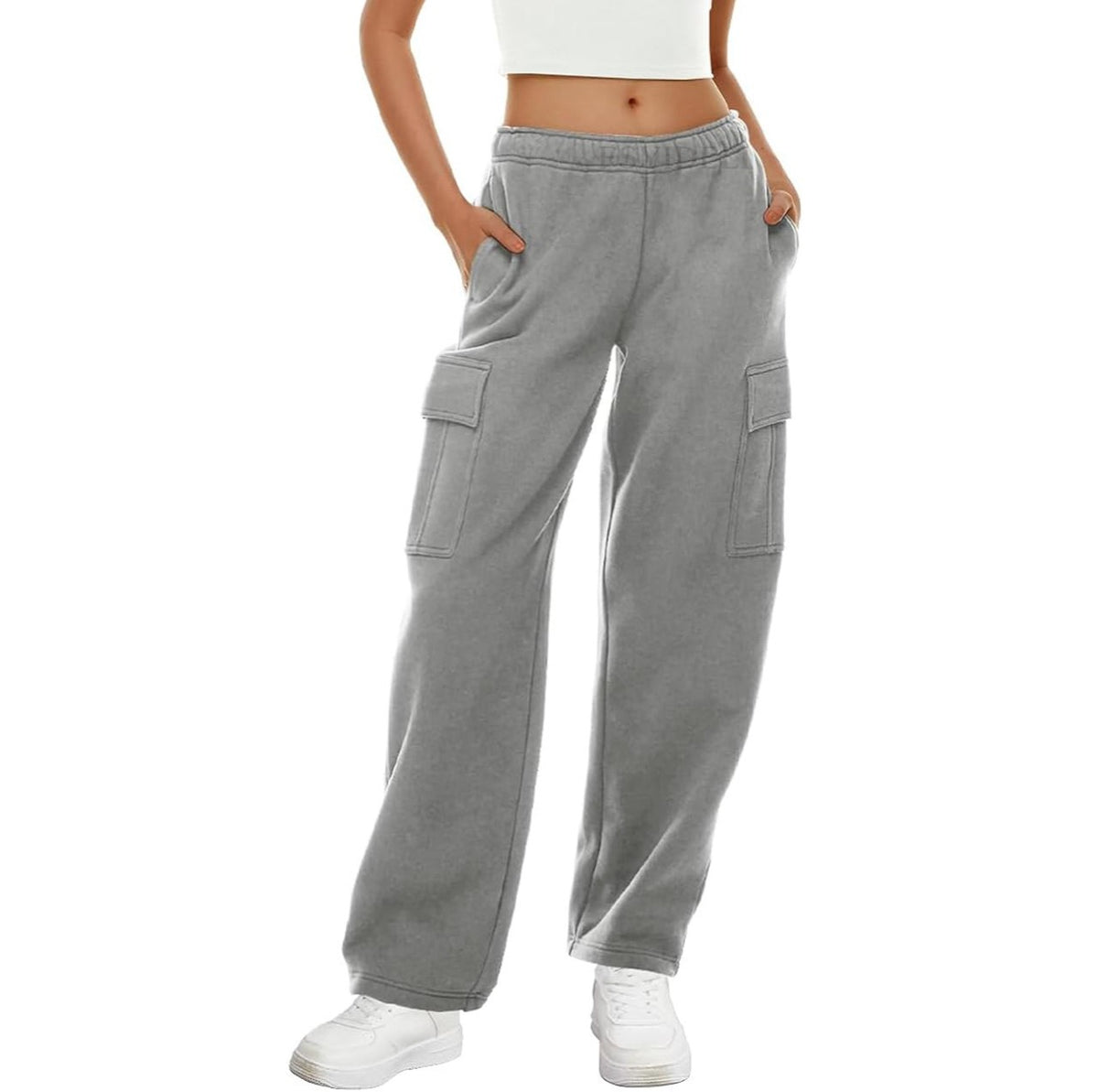 High Rise Cargo Pocket Fleece Joggers - Grey