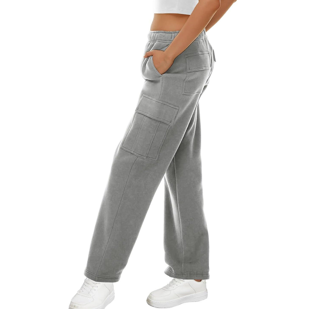 High Rise Cargo Pocket Fleece Joggers - Grey - 1