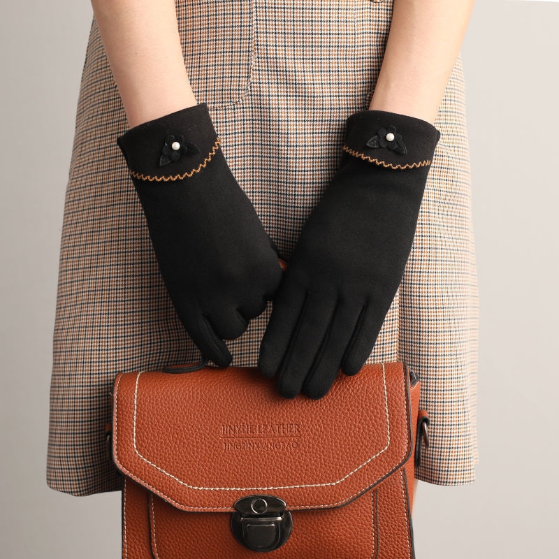 Pearl Flower Cuff Fleece Lined Gloves - Black