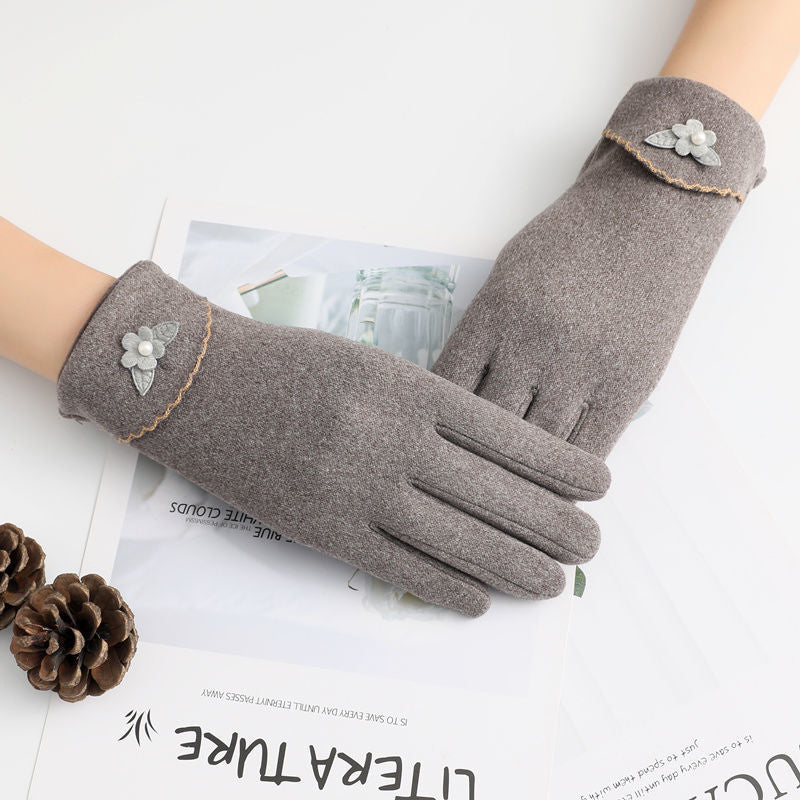 Pearl Flower Cuff Fleece Lined Gloves - Grey