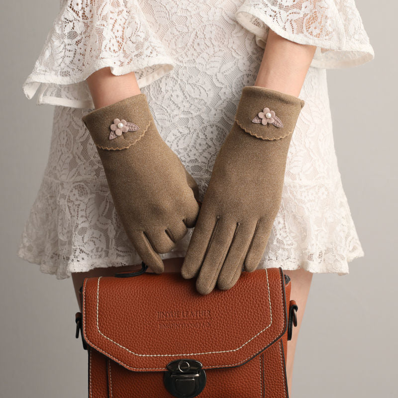Pearl Flower Cuff Fleece Lined Gloves - Khaki
