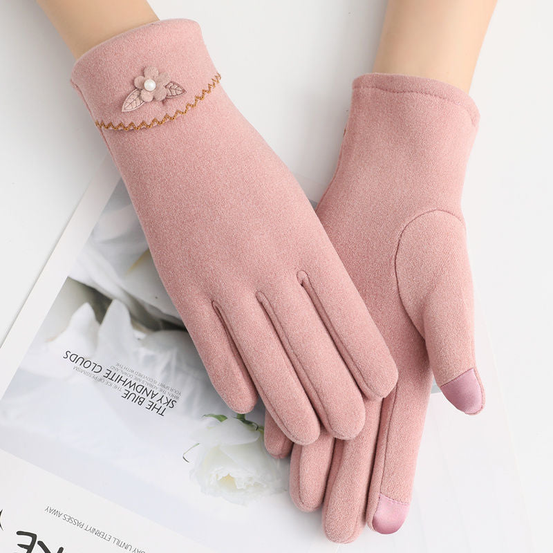 Pearl Flower Cuff Fleece Lined Gloves - Pink