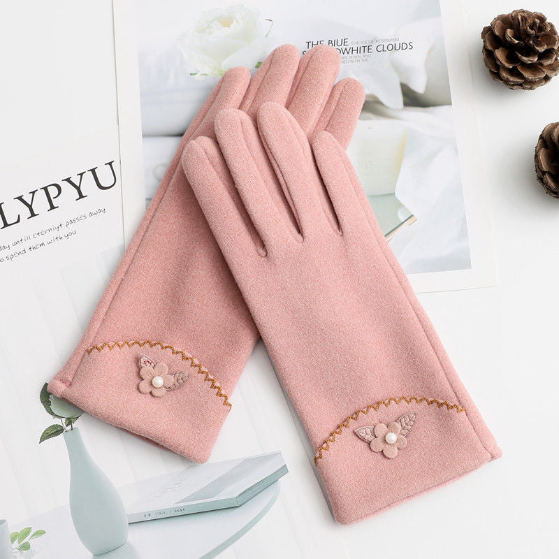 Pearl Flower Cuff Fleece Lined Gloves - Pink - 1