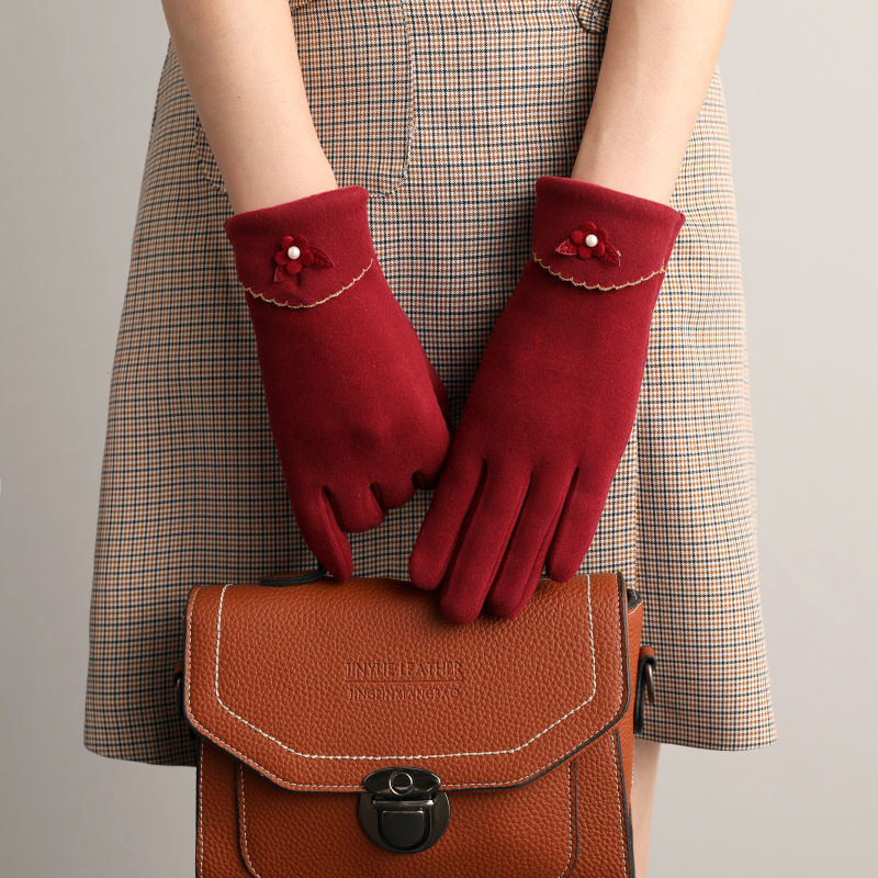 Pearl Flower Cuff Fleece Lined Gloves - Red