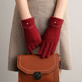 Pearl Flower Cuff Fleece Lined Gloves - Red