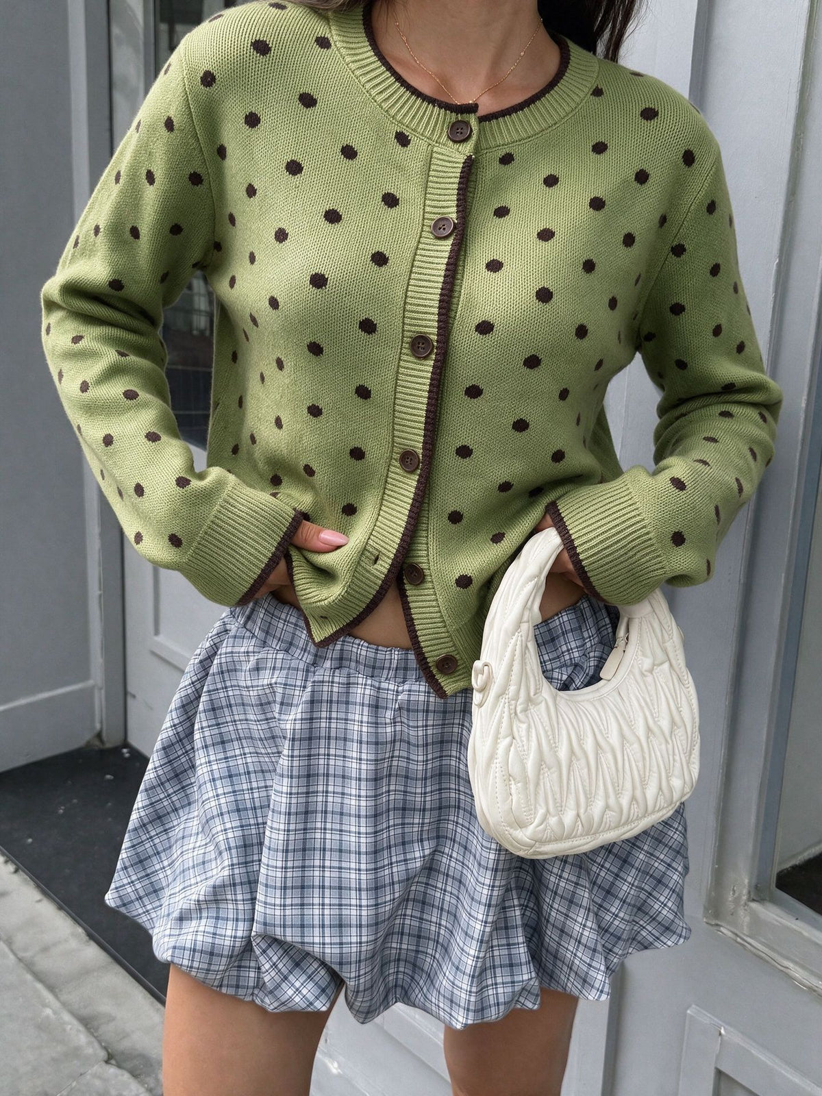 Olive Dotted Crew Neck Cardigan with Contrast Trim - Green
